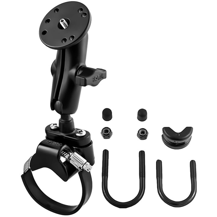 RAM Mount Strap Clamp Roll Bar Mount w/Standard Length Double Socket Arm &amp; 2.5" Round Base w/1/4"-20 Male Threaded Post