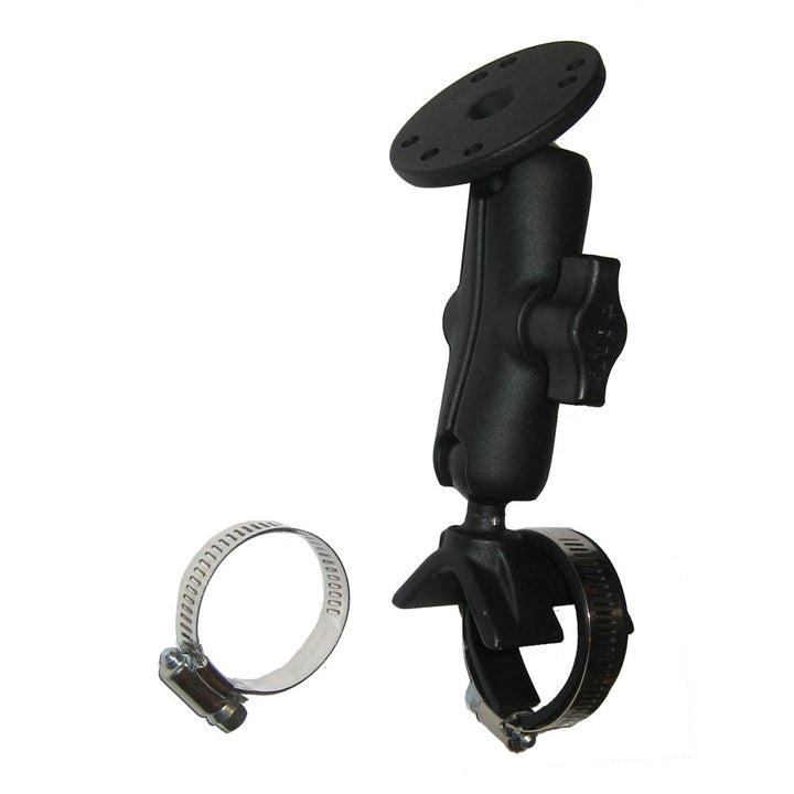 RAM Mount Strap Mount with arm and round base, designed for rail and handlebar mounting by RAM Mounting Systems.