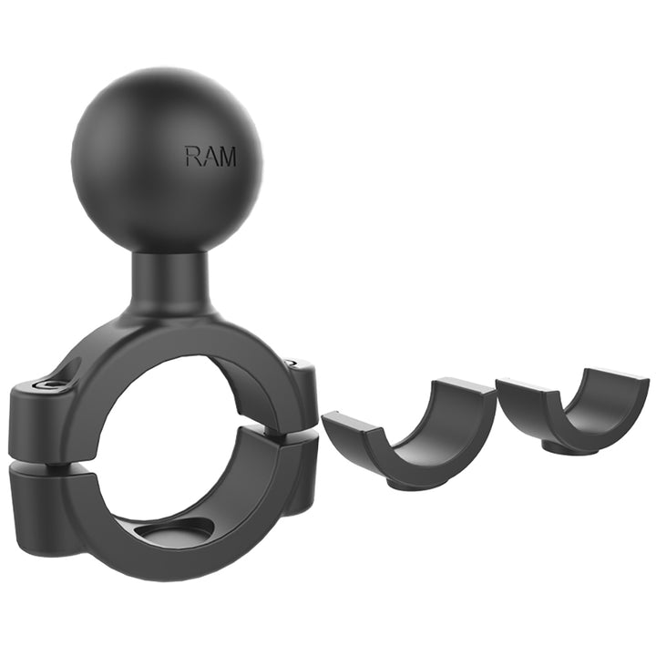 RAM Mount Torque handlebar rail base fits 1-1/8 to 1-1/2 inch diameter handlebars with C size 1.5 inch ball mount.
