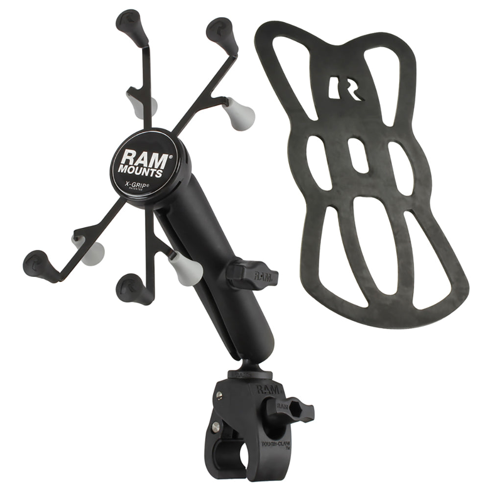 RAM Mount Tough-Claw base with long double socket arm and universal X-Grip cradle holding 7-inch tablets on a handlebar mount.