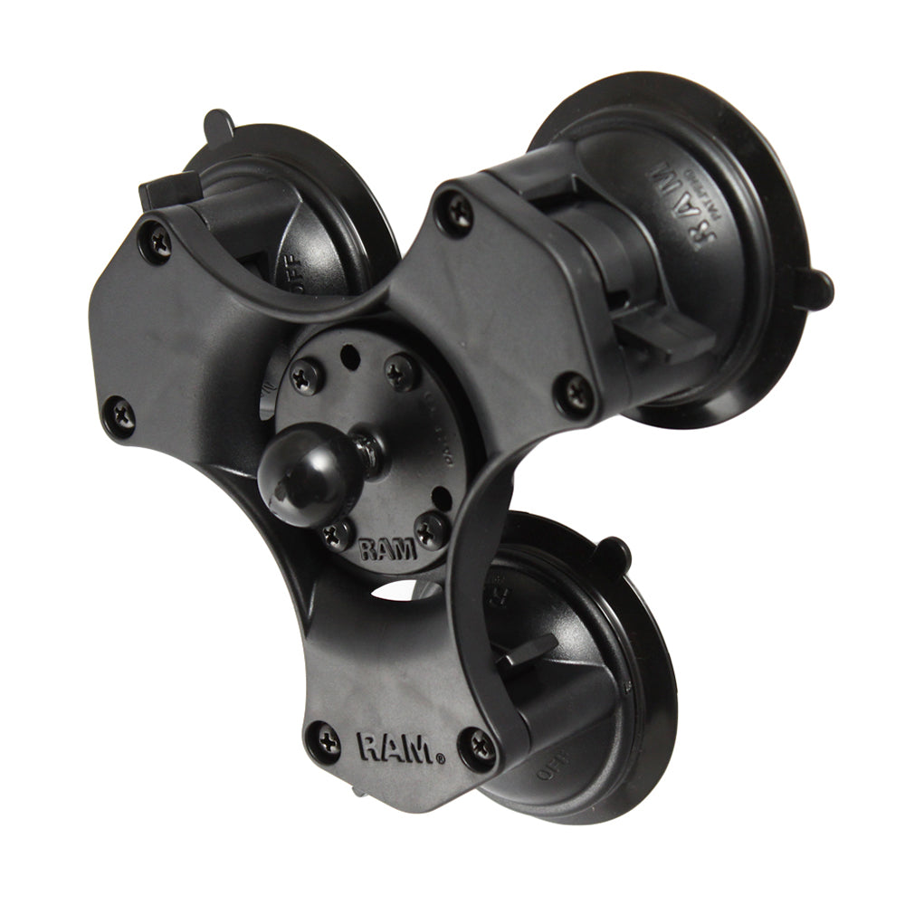 RAM Mount Twist-Lock Triple Suction Cup Ball Base for secure attachment to smooth surfaces in vehicle or marine applications