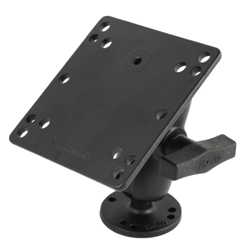 RAM Mount 4.75-inch square VESA plate with 75mm and 100mm hole patterns, surface mount with short arm for versatile mounting.