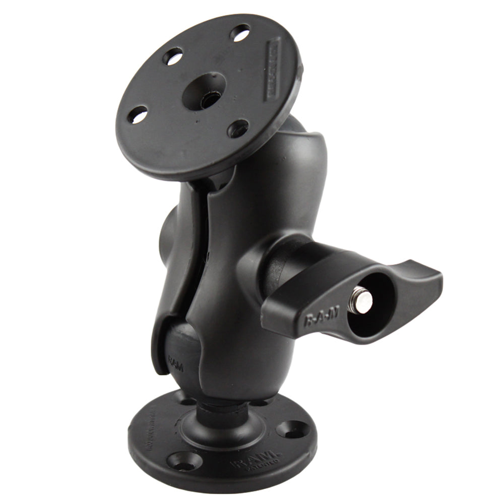RAM Mount D Size 2.25-inch ball mount with two 3.68-inch round plates and short double socket arm for surface mounting.