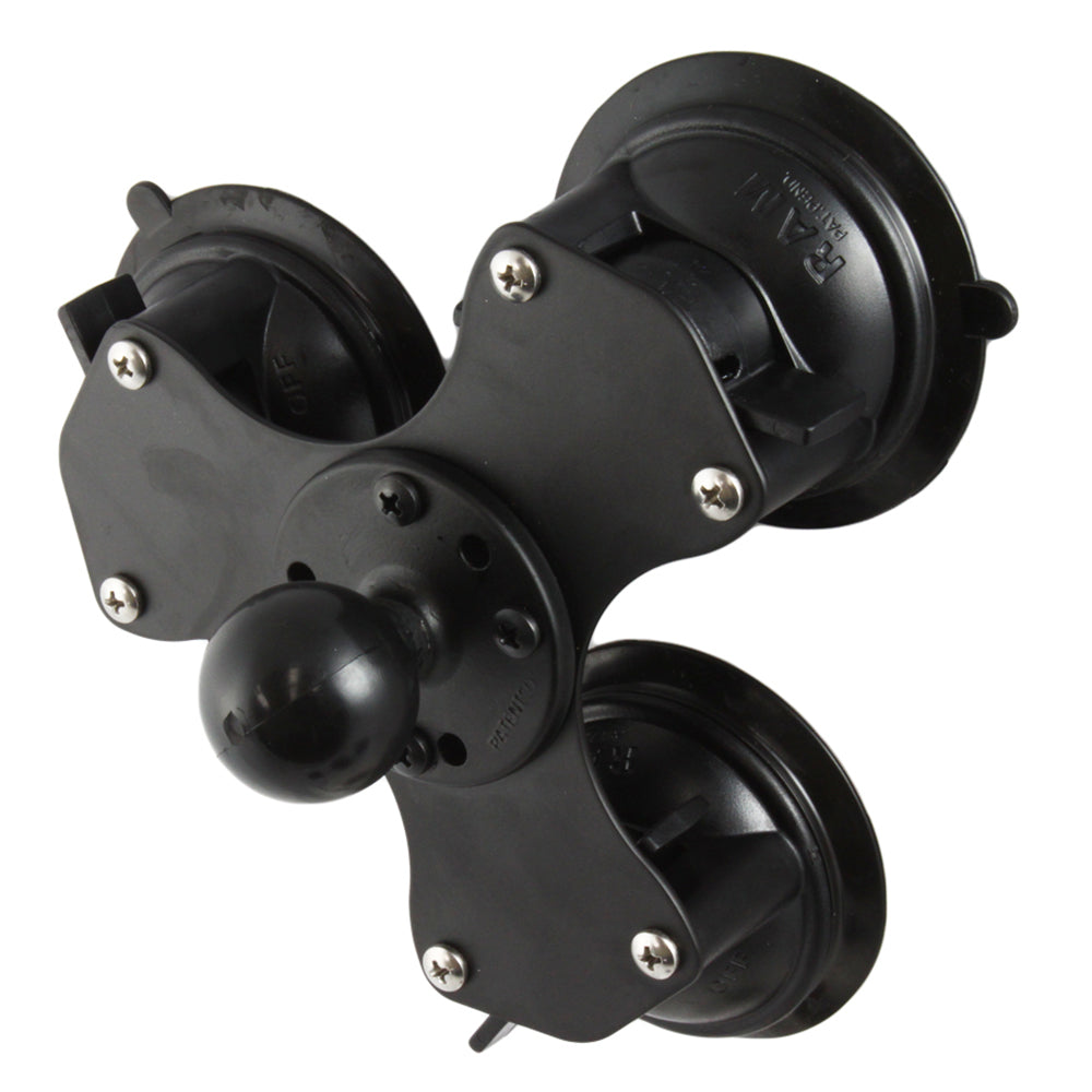 RAM Mount triple suction cup base with 1.5-inch ball for surface mounting, compatible with RAM mounting systems.