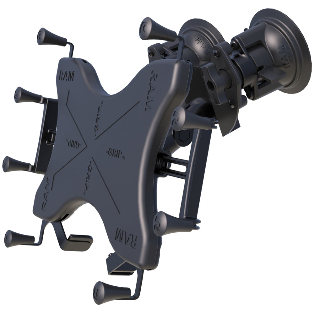 RAM Mounting Systems dual articulating suction cup tablet mount with medium-length double socket arm for 12-inch large tablets.