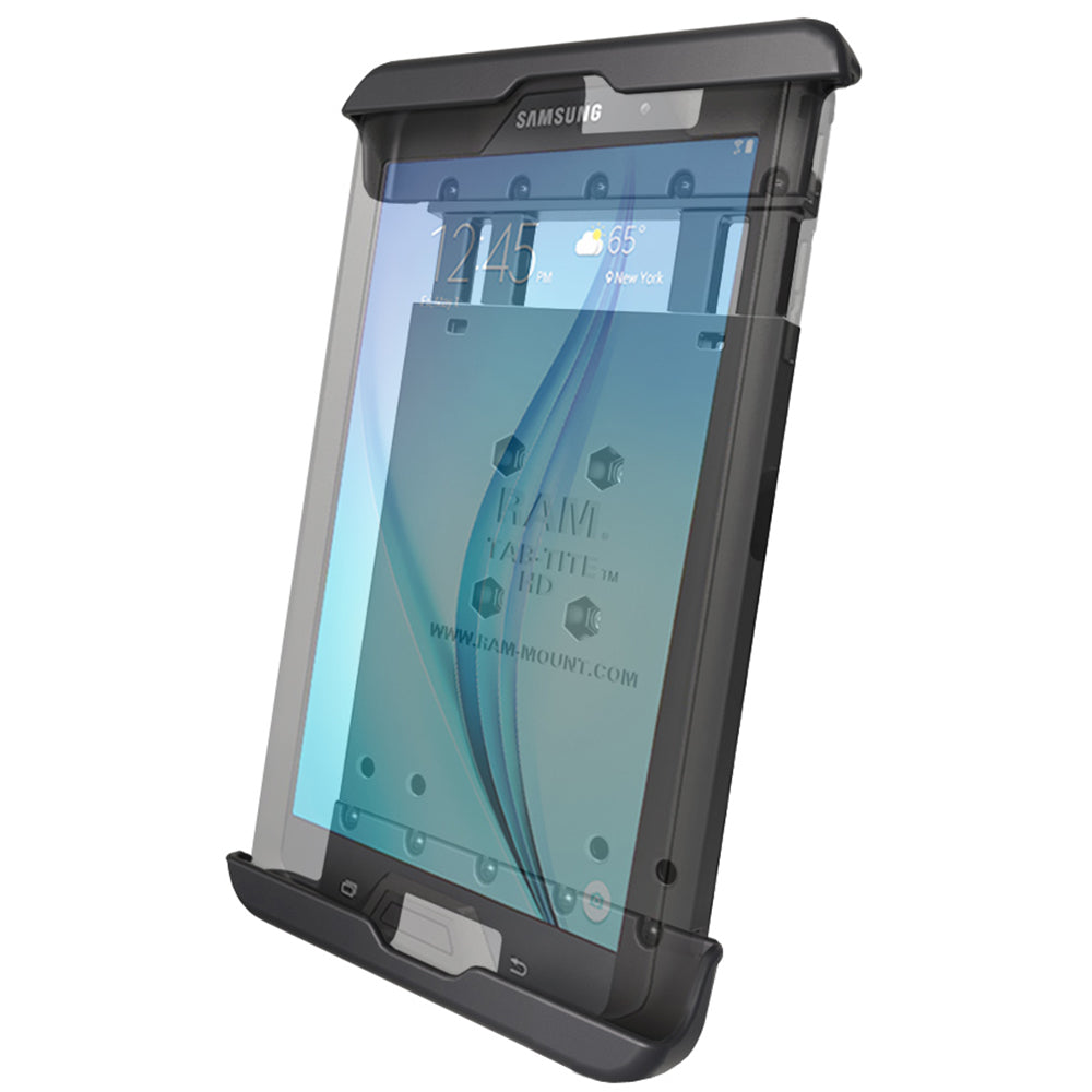 RAM Mounting Systems Tab-Tite cradle for 8" Samsung Galaxy Tab A and S2 tablets with case, designed for secure tablet mounting.
