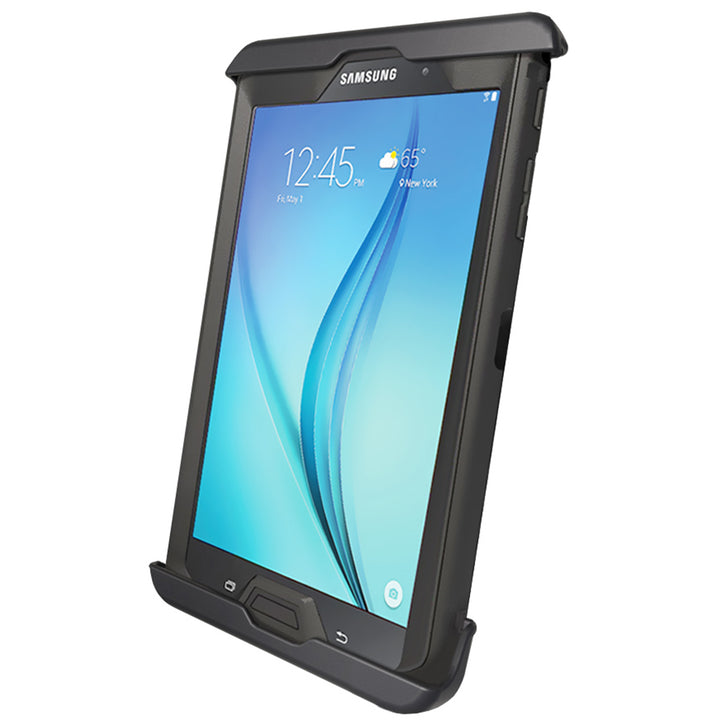 RAM Mounting Systems Tab-Tite cradle securely holds 8-inch Samsung Galaxy Tab A and S2 tablets with case, for versatile tablet mounting.