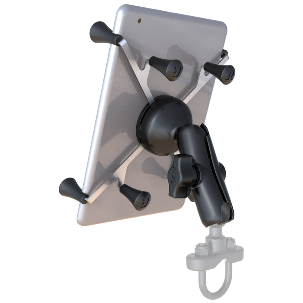 RAM Mount Universal X-Grip cradle with 1" ball and double socket arm holding a 7-inch tablet securely for vehicle or desk use.