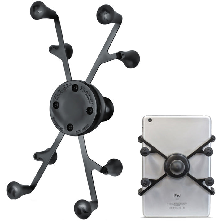 RAM Mount X-Grip universal tablet holder with 1-inch ball mount, compatible with various tablets for secure vehicle or bike mounting.