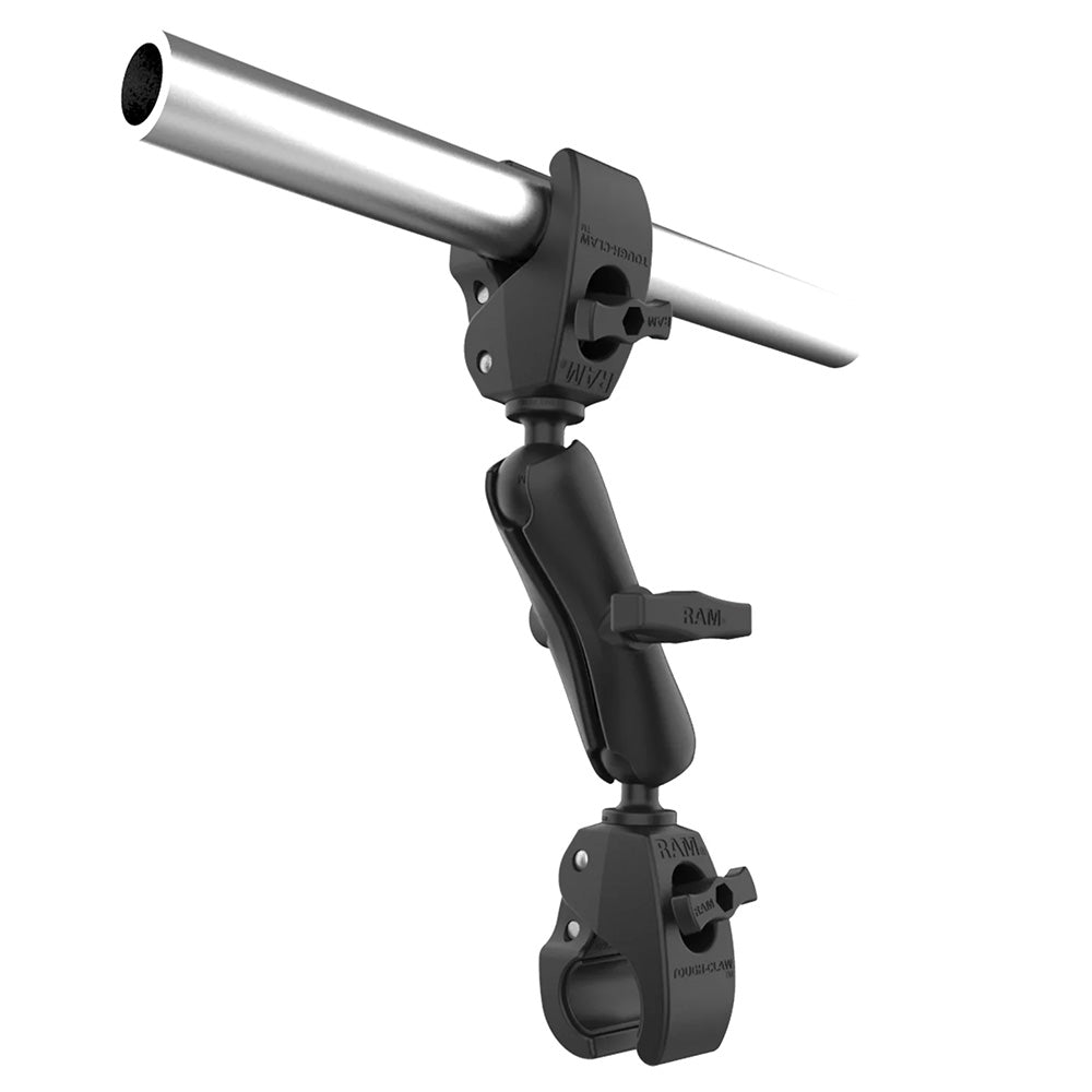 RAM Mount trolling motor stabilizer with Tough-Claw clamp bases, designed for secure mounting on trolling motors.