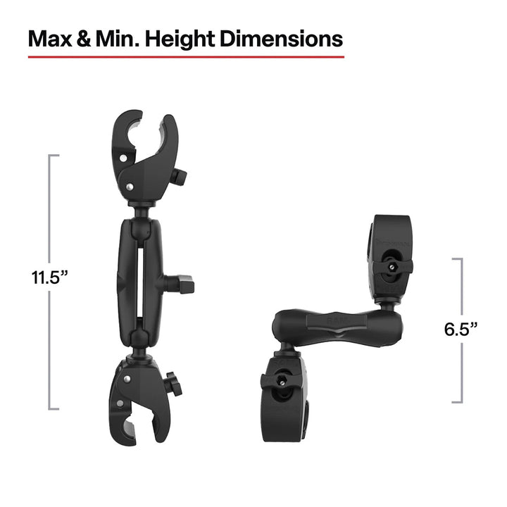 RAM Mount Trolling Motor Stabilizer with Tough-Claw clamp bases, compatible with 1 to 1.6-inch trolling motor shafts.