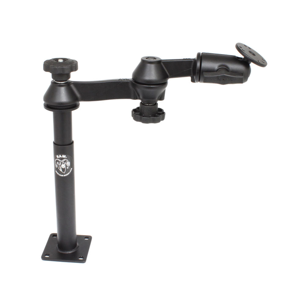 RAM Mounting Systems double swing arm with 8-inch male and 9-inch female tubes for vehicle laptop mounts, adjustable and durable.