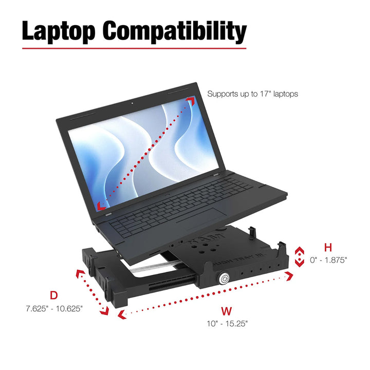 RAM Tough-Tray III spring-loaded laptop tray mounted on vehicle dashboard, designed for secure laptop support by RAM Mounting Systems.