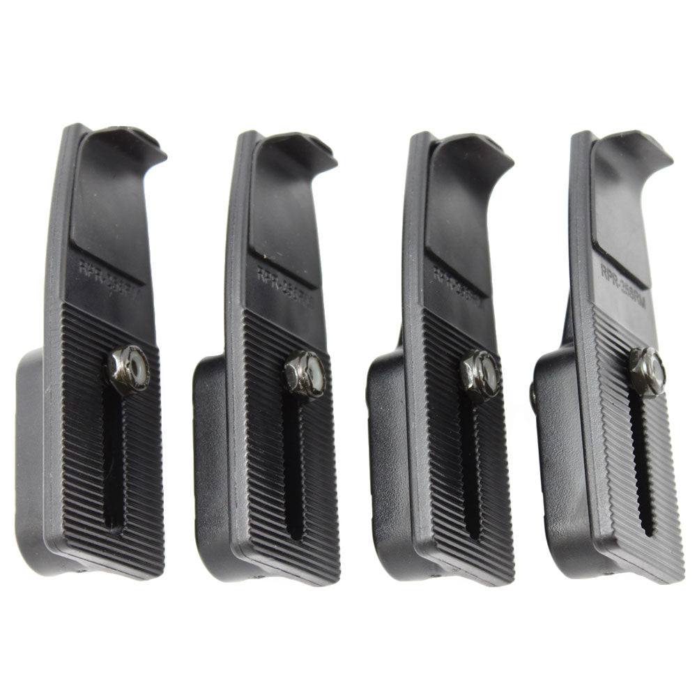 Four RAM Mounting Systems universal laptop tray side keepers for vehicle laptop mounts, designed to secure laptops in vehicles.
