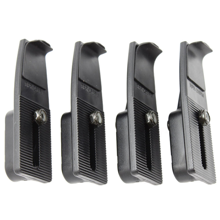 Four RAM Mounting Systems universal laptop tray side keepers for vehicle laptop mounts, designed to secure laptops in vehicles.