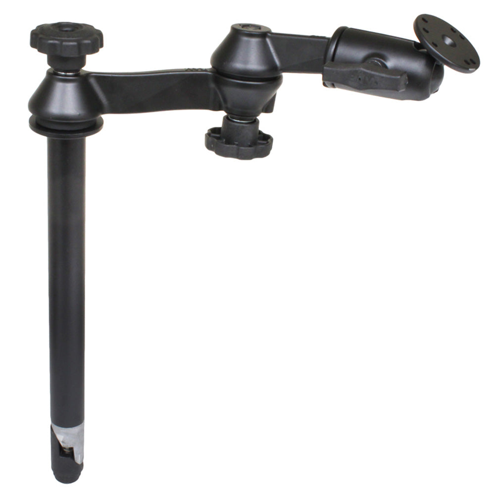 RAM Mounts 12-inch upper pole with double swing arms and round plate for vehicle mounting, by RAM Mounting Systems.
