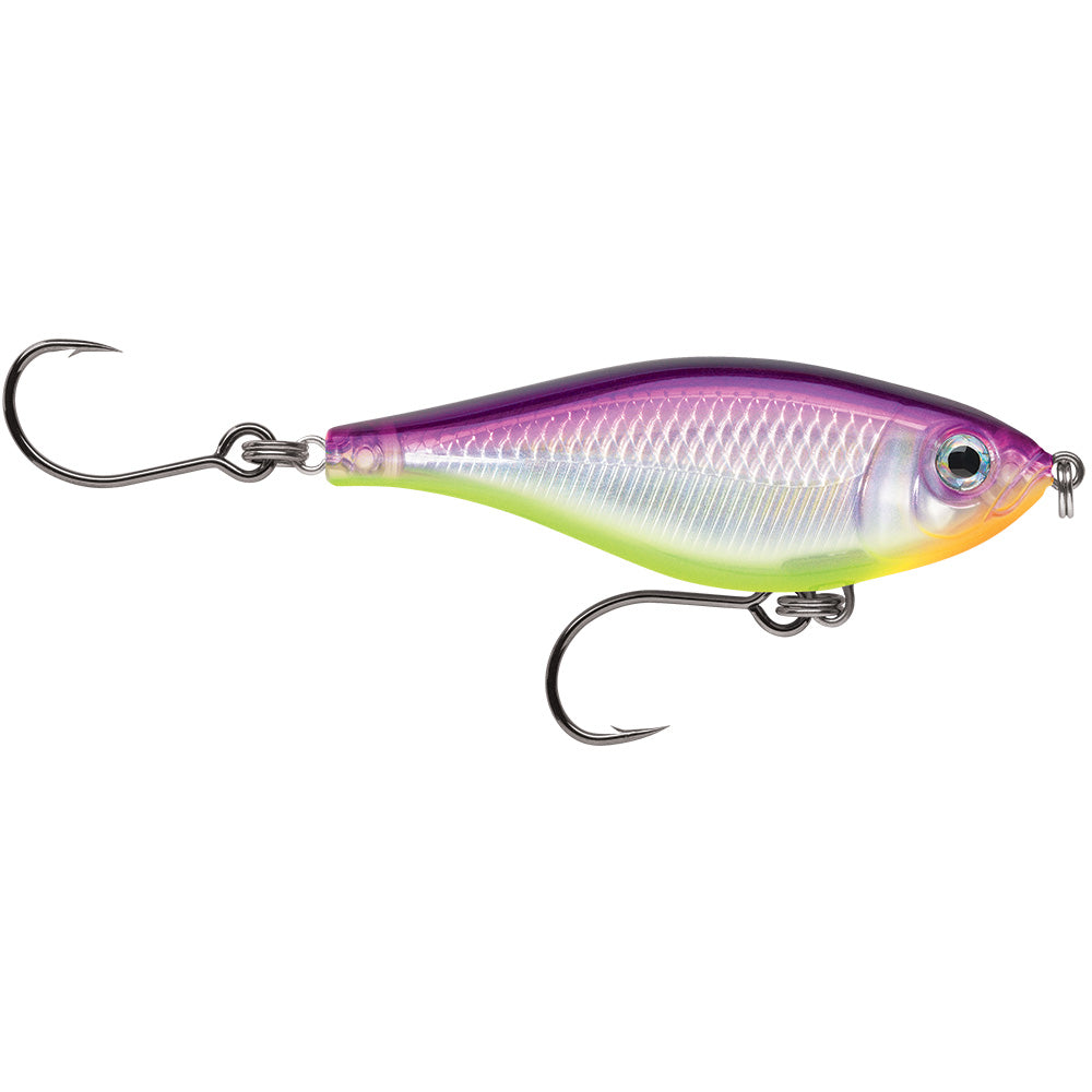 Rapala X-Rap Twitchin Mullet 3-1/8 inch purple chartreuse hard and soft bait for fishing.