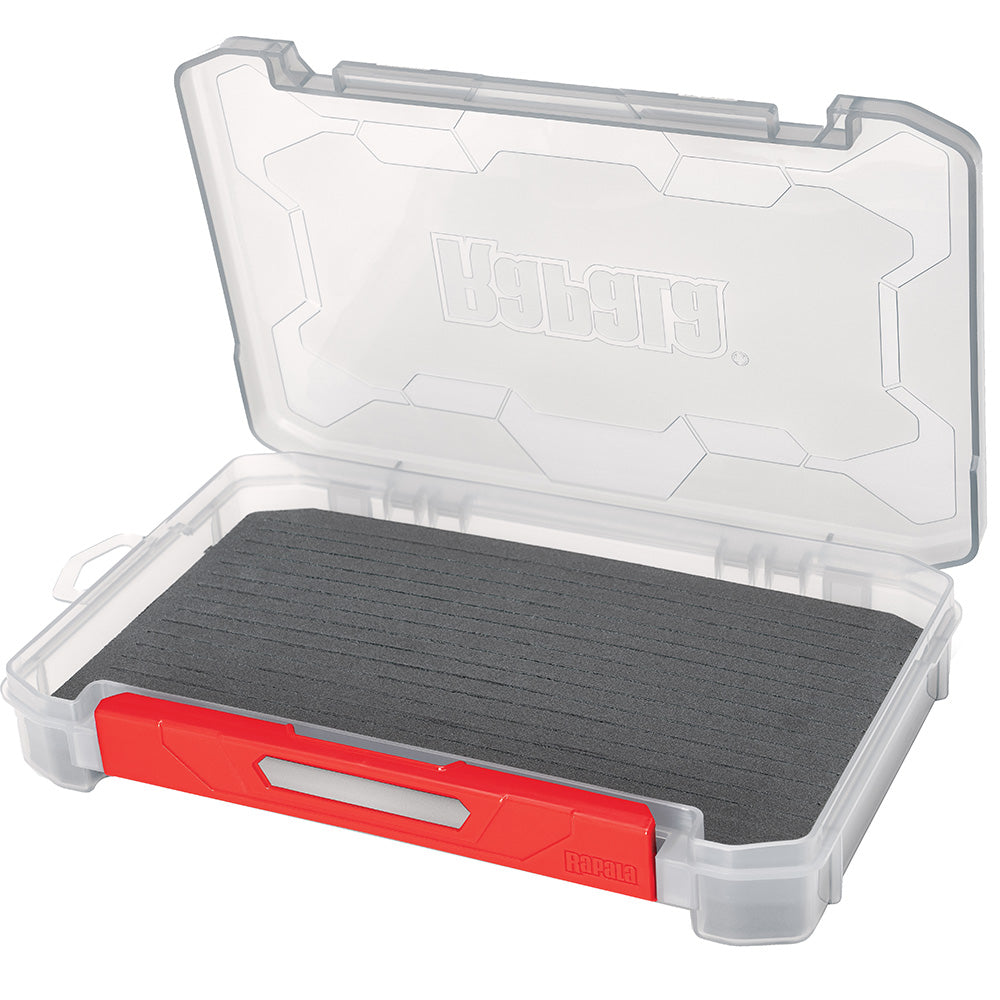 Rapala RapStack 3600 open foam tackle tray for fishing gear storage, featuring organized compartments for lures and tackle.