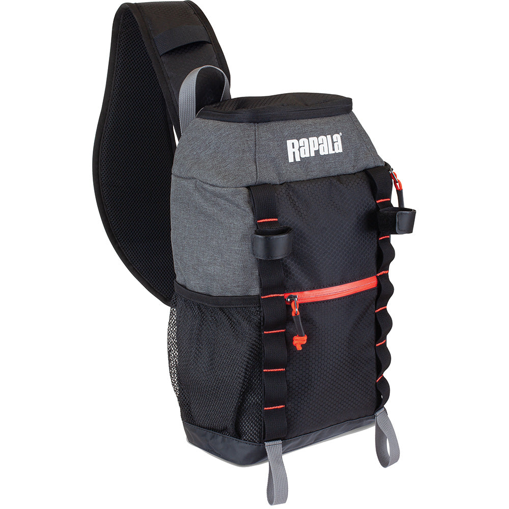 Rapala Venture 8 Sling Pack for tackle storage showing multiple compartments and adjustable straps for fishing gear organization.
