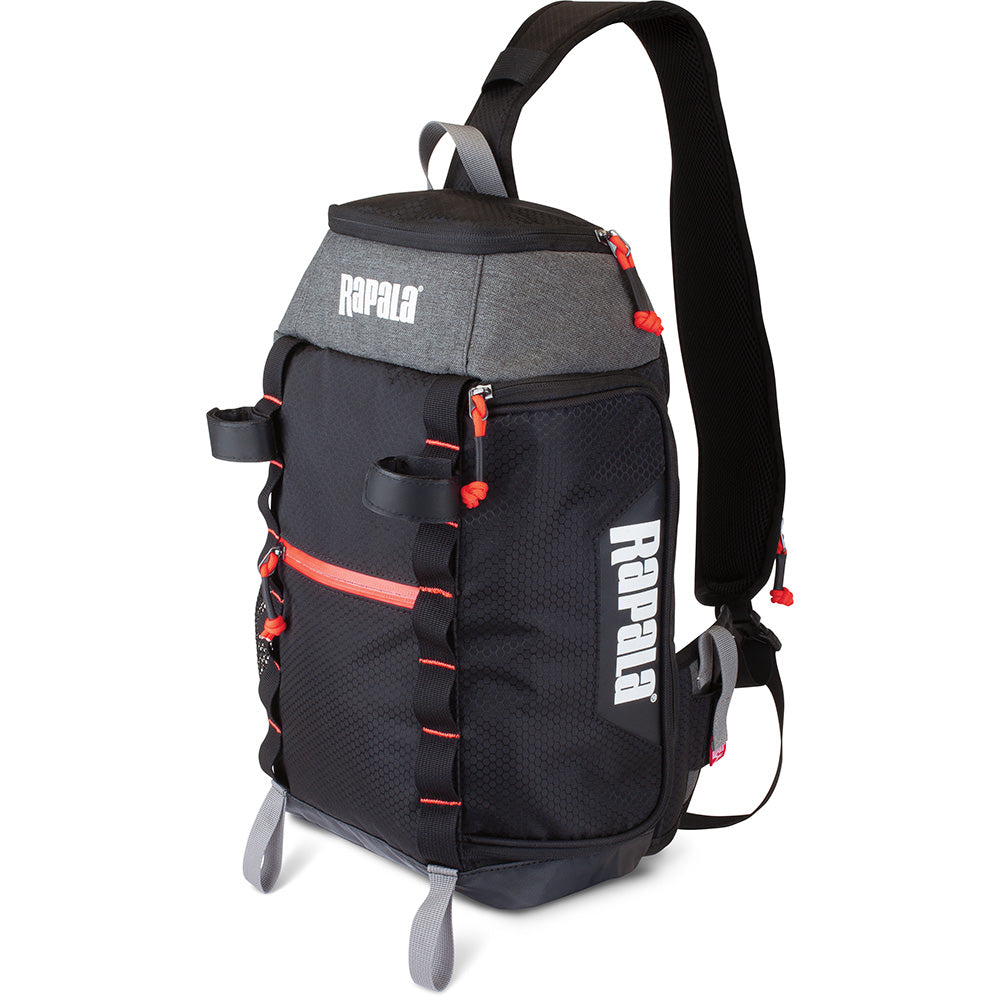 Rapala Venture 8 Sling Pack for tackle storage with multiple compartments, black design, and adjustable strap for fishing gear organization.