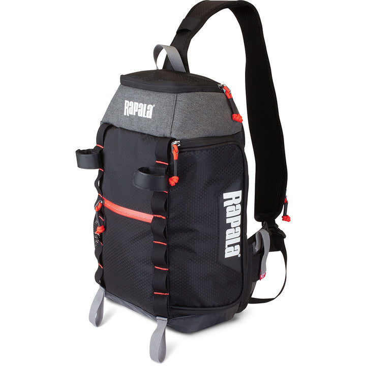 Rapala Venture 8 Sling Pack for tackle storage with multiple compartments, black design, and adjustable strap for fishing gear organization.