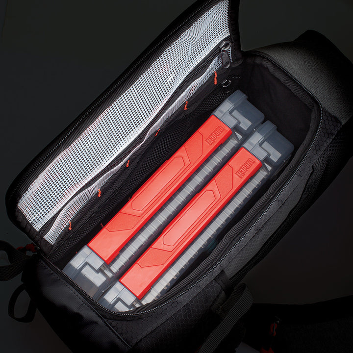 Rapala Venture 8 Sling Pack for tackle storage, featuring multiple compartments and adjustable straps for fishing gear organization.