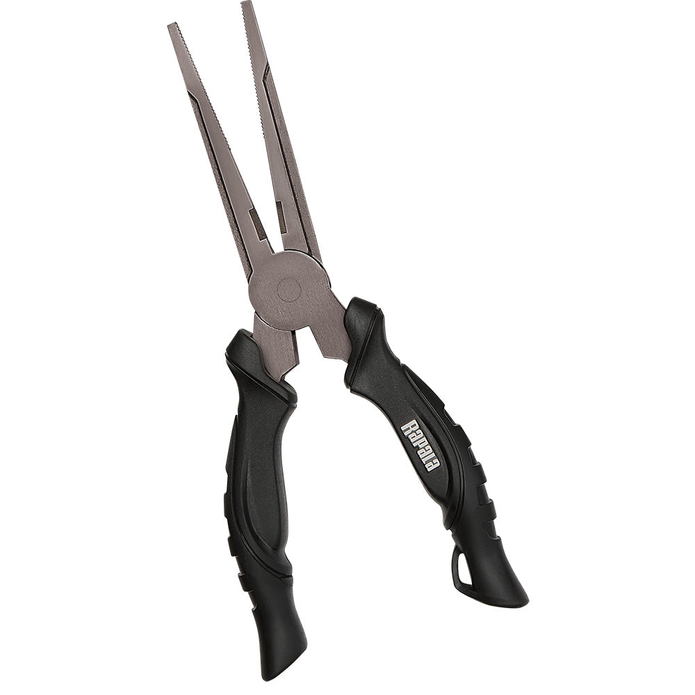 Rapala 8-inch super stainless steel fishing pliers, durable tools with ergonomic grip for fishing and tackle maintenance.