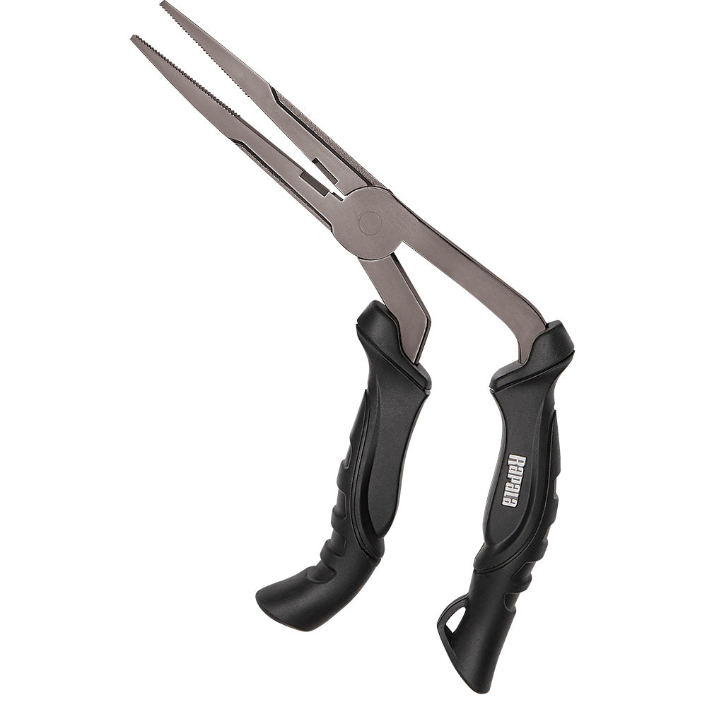 Rapala 9-inch super stainless steel angled pliers, fishing tools with ergonomic grip and durable construction for fishing and tackle work.