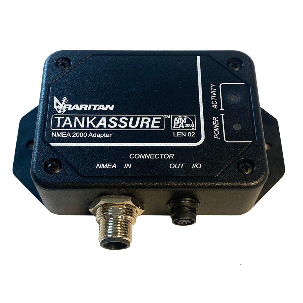 Raritan TankAssure NMEA2000 Adapter for marine sanitation systems, showing the compact connector device on a boat.