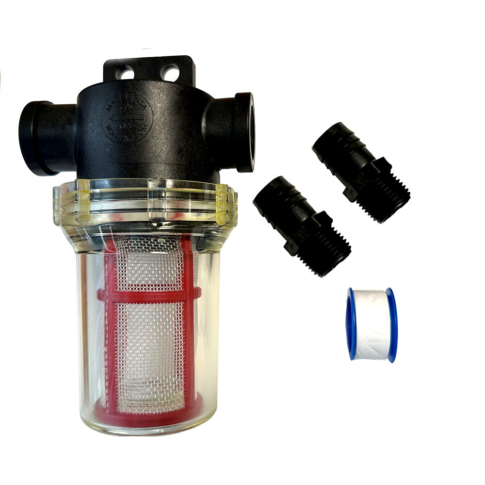 Raritan In-Line Strainer in a piping system, featuring a metal basket and compact design for efficient filtration.