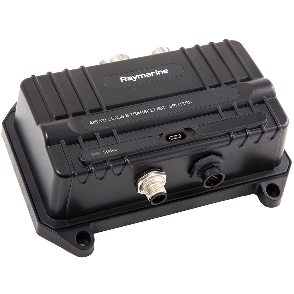 Raymarine AIS700 Class B AIS transceiver with antenna splitter for marine vessel tracking and safety.