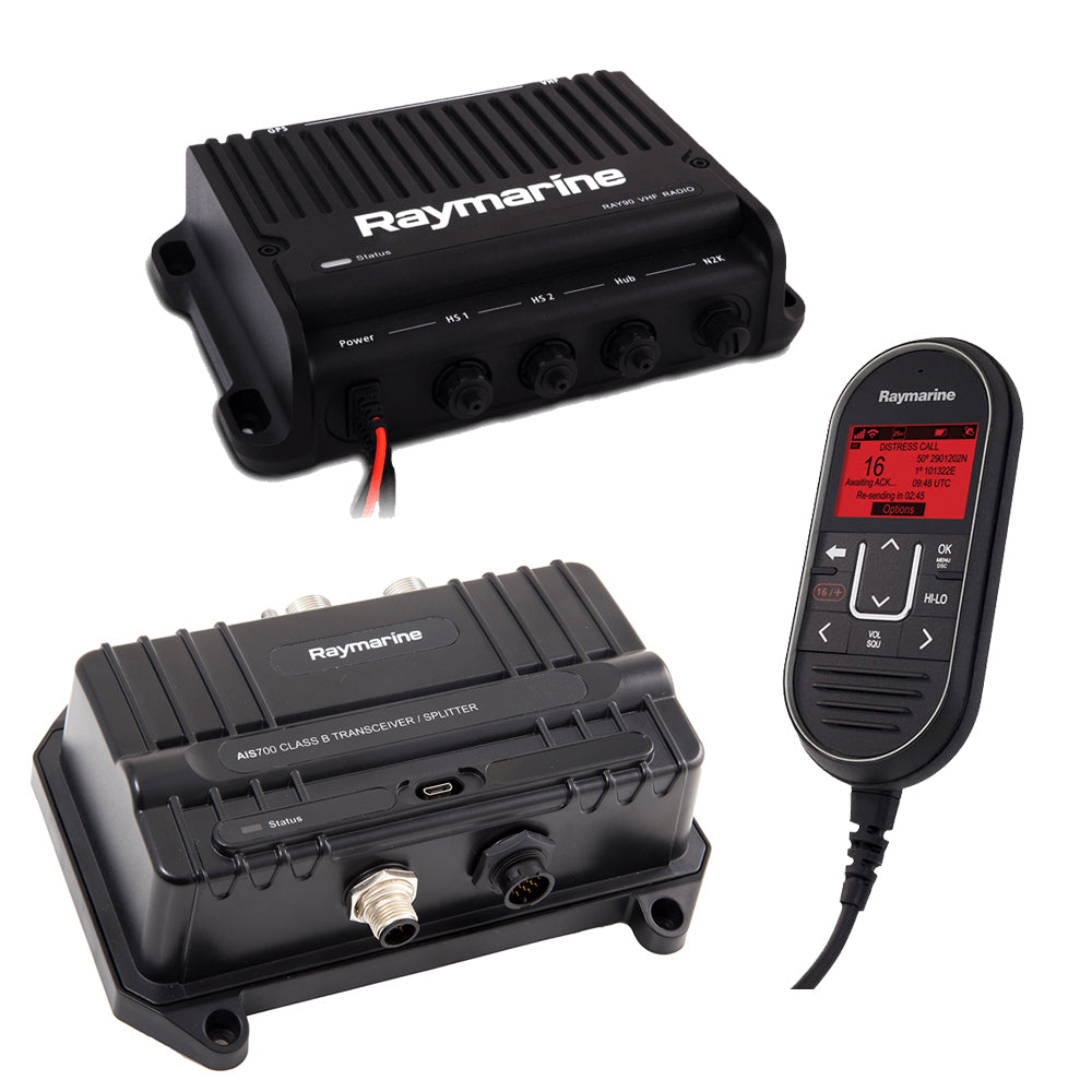 Raymarine Ray90 VHF Radio with AIS700 bundle showing the compact VHF radio device and AIS system components.