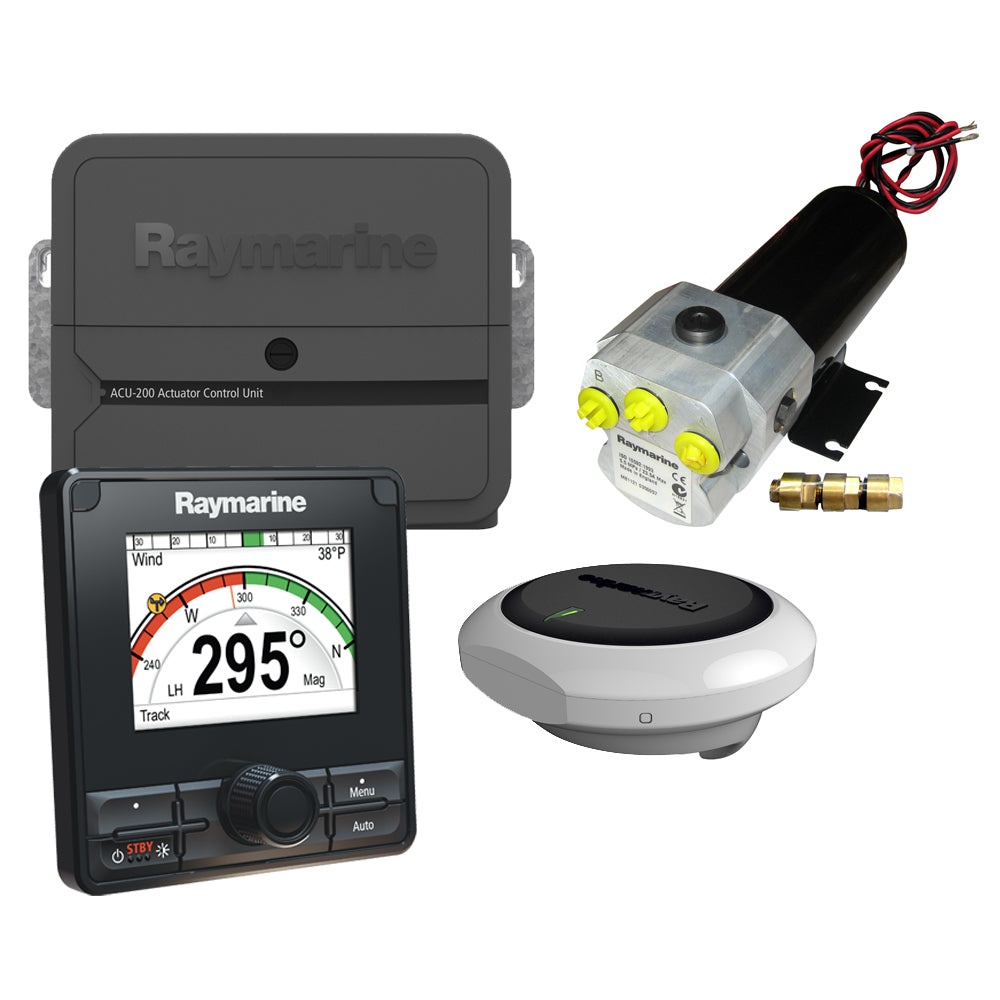 Raymarine EV-200 Power Hydraulic Evolution Autopilot system for marine boats, showing control unit and hydraulic connections.