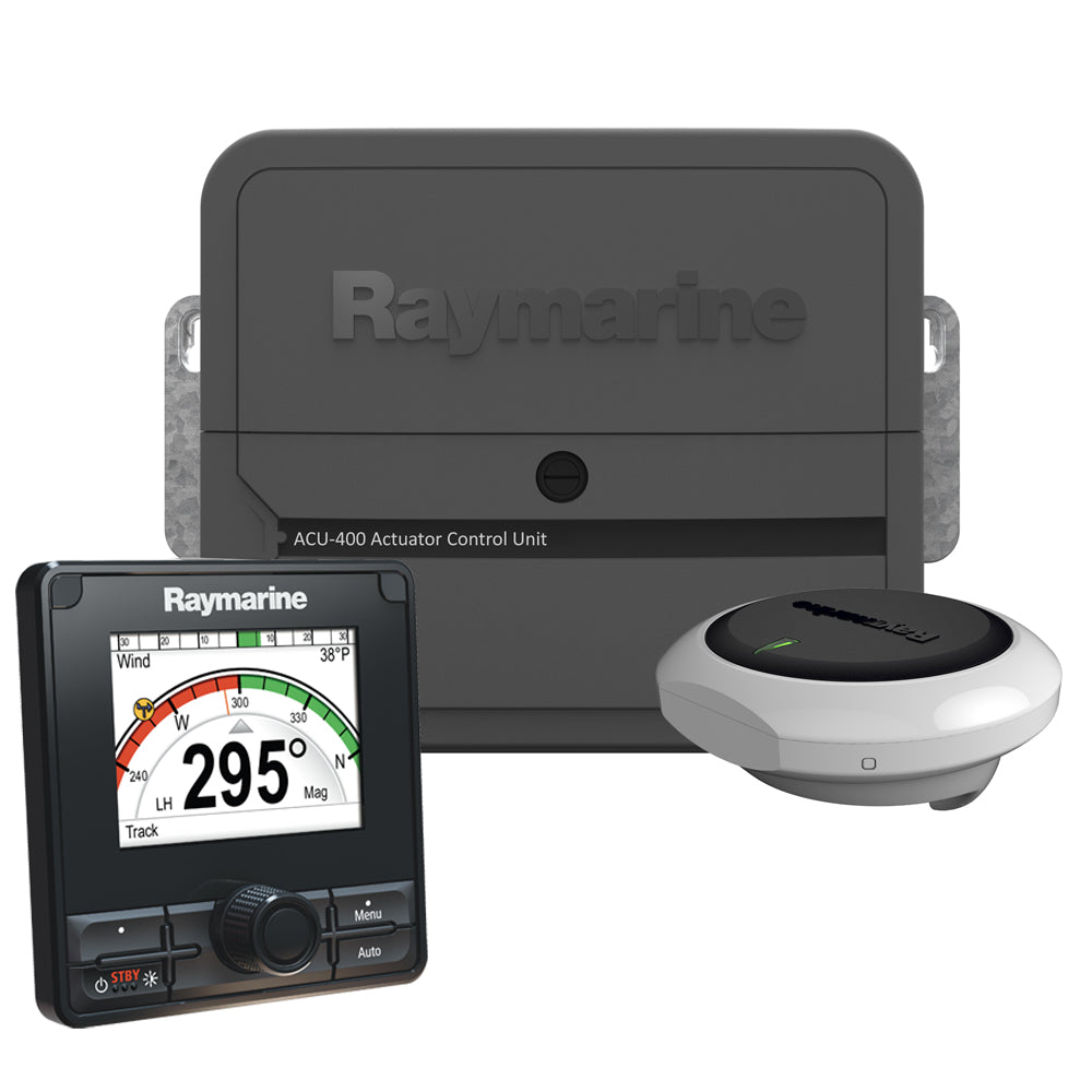 Raymarine EV-400 Power Evolution Autopilot control unit with display and wiring for marine navigation systems.