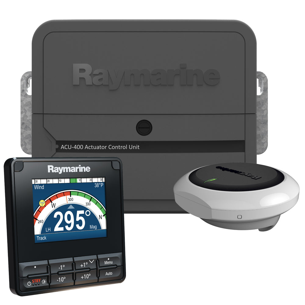 Raymarine EV-400 Sail Evolution Autopilot system for boats, featuring control unit and sensors for precise navigation.