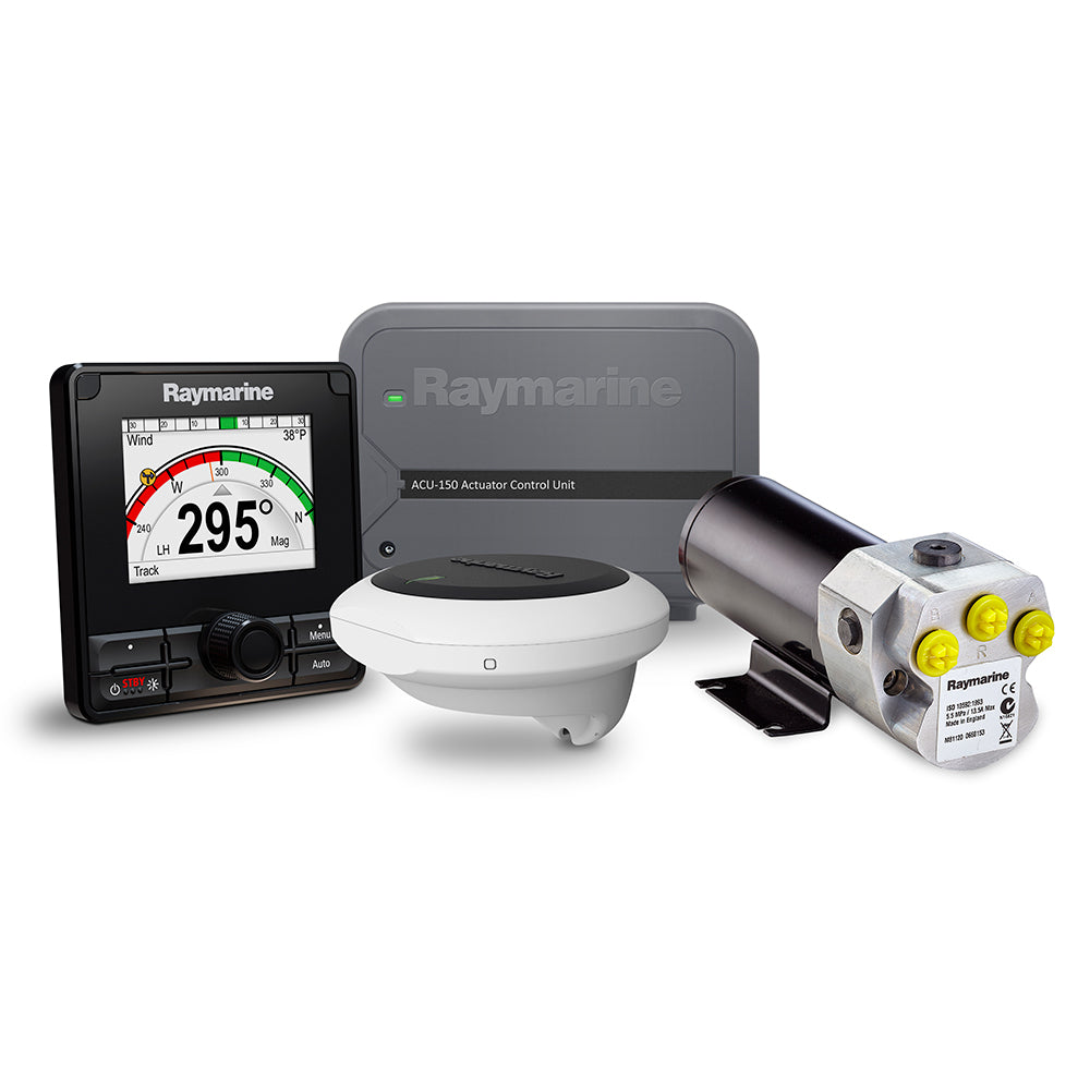 Raymarine Evolution EV-150 hydraulic autopilot system pack with control unit and hydraulic components for marine navigation.