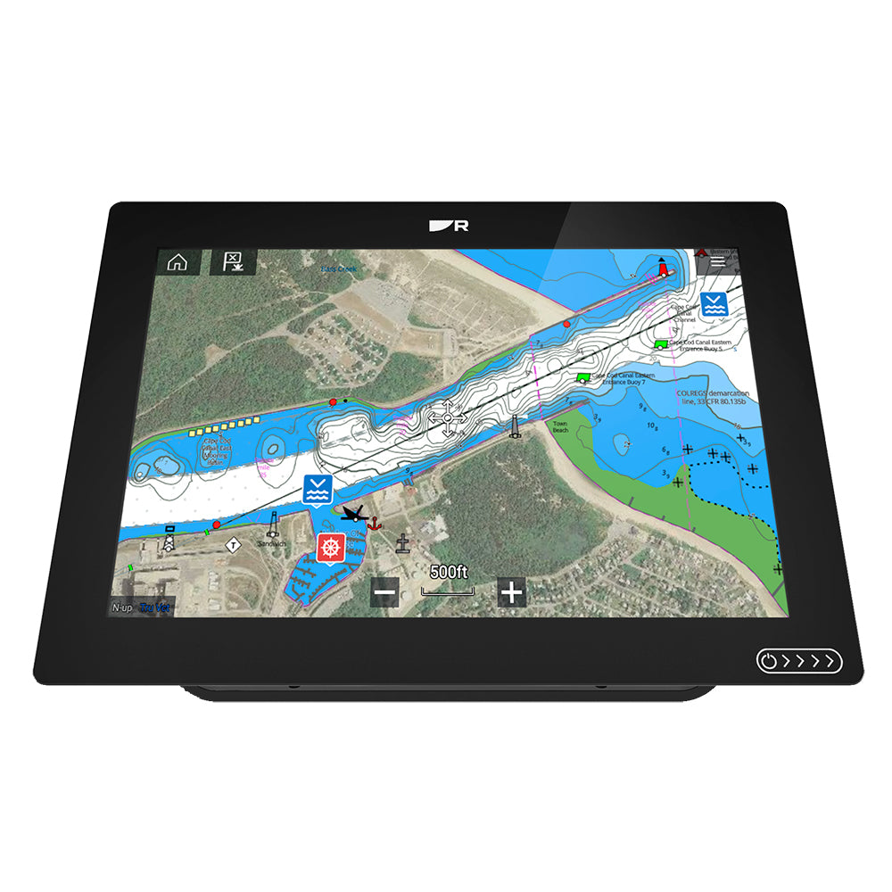 Raymarine Axiom+ 12-inch GPS chartplotter display showing nautical maps and navigation interface on a marine MFD screen.