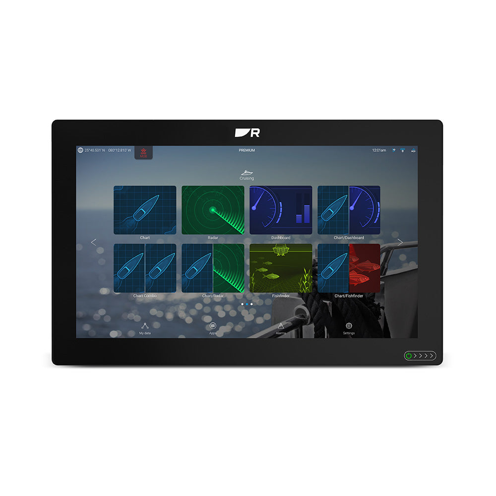 Raymarine Axiom 2 XL 16-inch GPS chartplotter display showing navigational maps and multifunction controls.