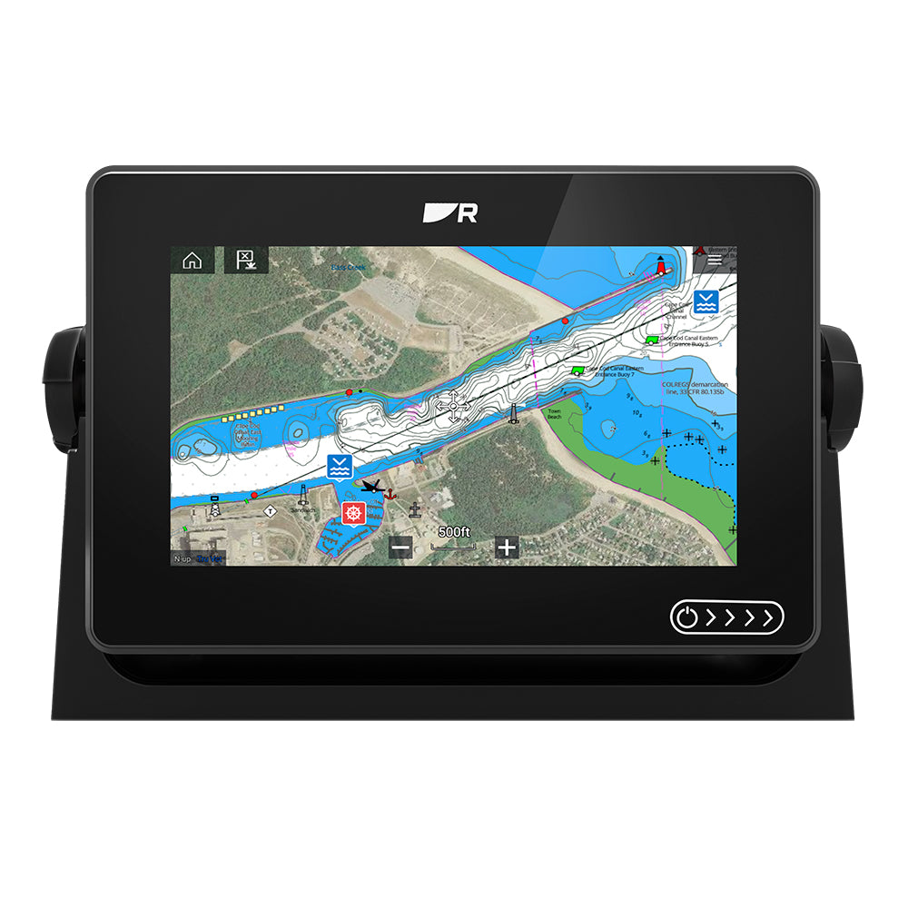 Raymarine Axiom+ 7-inch GPS chartplotter displaying navigational charts on a marine MFD screen.