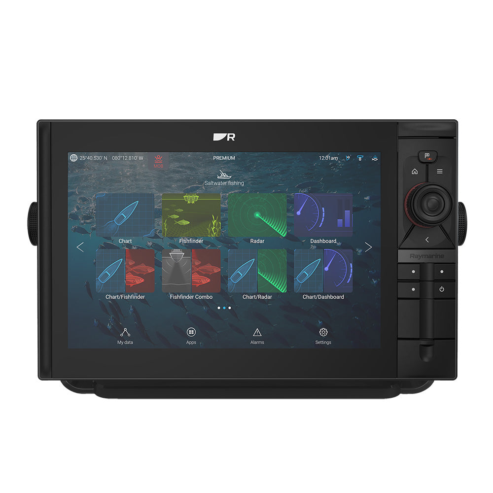 Raymarine Axiom 2 Pro 12 RVM GPS chartplotter and fishfinder combo display with a sleek screen showing navigational data.