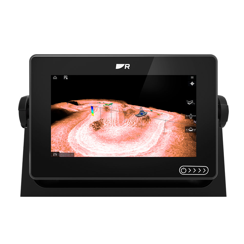 Raymarine Axiom+ 7 RV GPS chartplotter and fishfinder combo display showing navigation charts and sonar imagery.