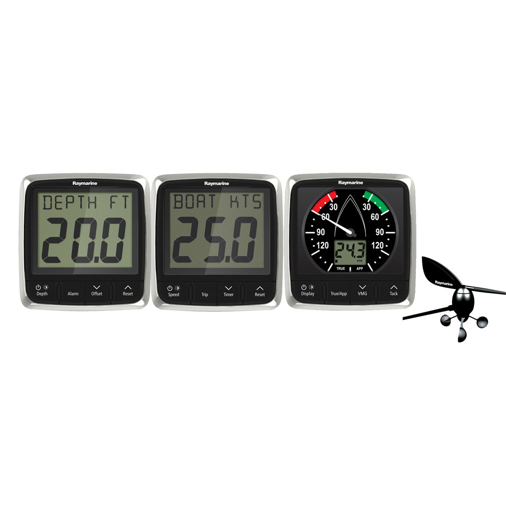 Raymarine i50/i60 wind, speed, and depth system pack with transducers, marine instruments for boat navigation and data display.