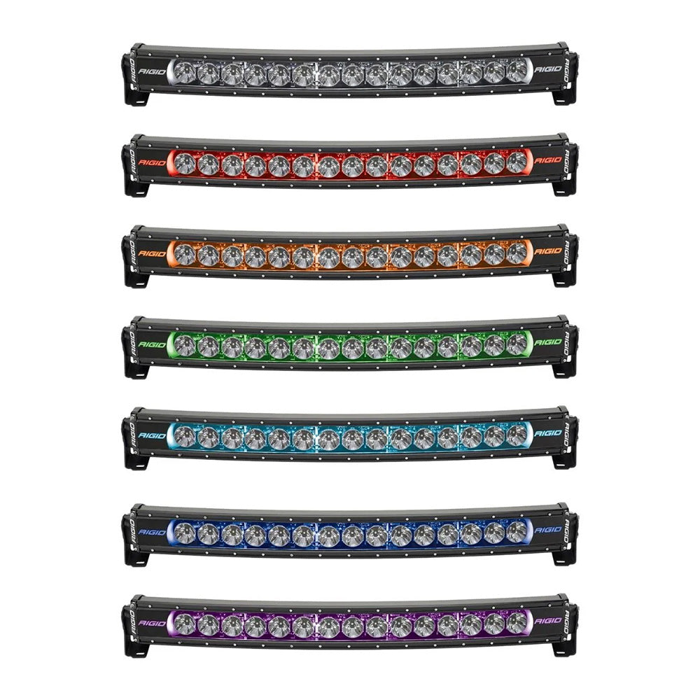 RIGID Industries Radiance+ Curved 30-inch RGBW LED light bar mounted on vehicle for off-road or outdoor use.