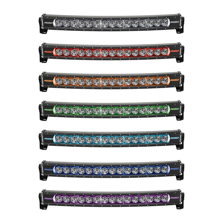 RIGID Industries Radiance+ Curved 30-inch RGBW LED light bar mounted on vehicle for off-road or outdoor use.