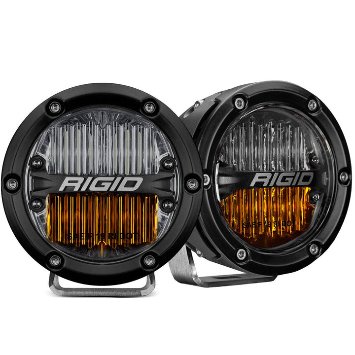 Set of two RIGID Industries 360-Series 4-inch LED fog lights in yellow and white for SAE fog beam lighting.