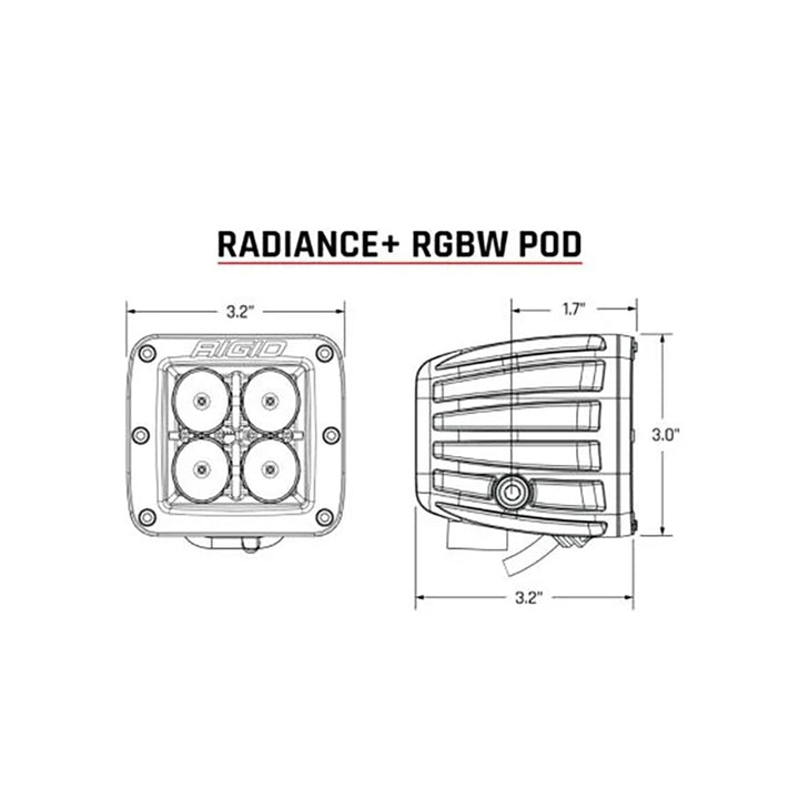 Pair of RIGID Industries Radiance+ RGBW Pods for off-road lighting, showing the sleek black cube design with illuminated RGBW LEDs.