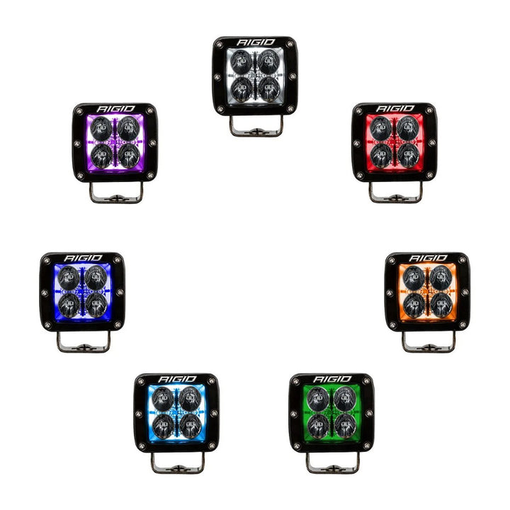 Pair of RIGID Industries Radiance+ RGBW Pods for off-road vehicles, showcasing bright, customizable LED lighting in a durable design.