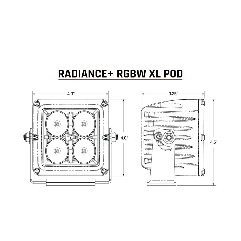 Pair of RIGID Industries XL Radiance RGBW Light Pods, durable LED pods for off-road and automotive lighting.