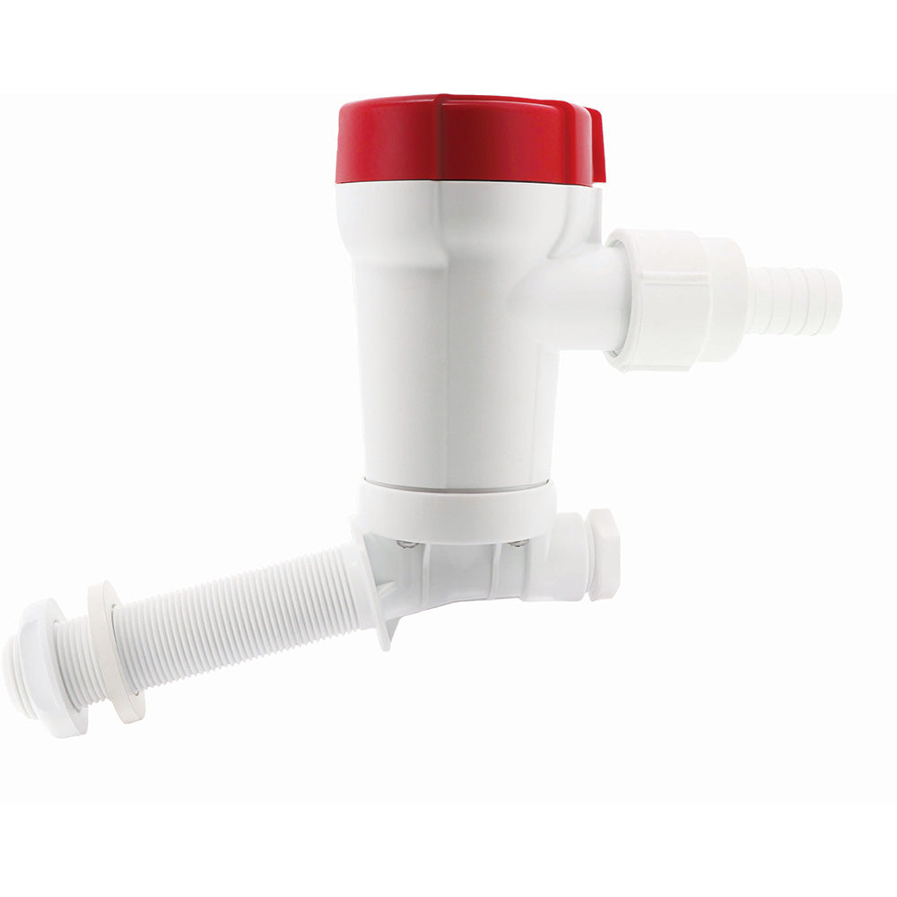 Rule 500 GPH livewell pump with angled thru-hull inlet, used for marine livewell systems and freshwater fishing boats.