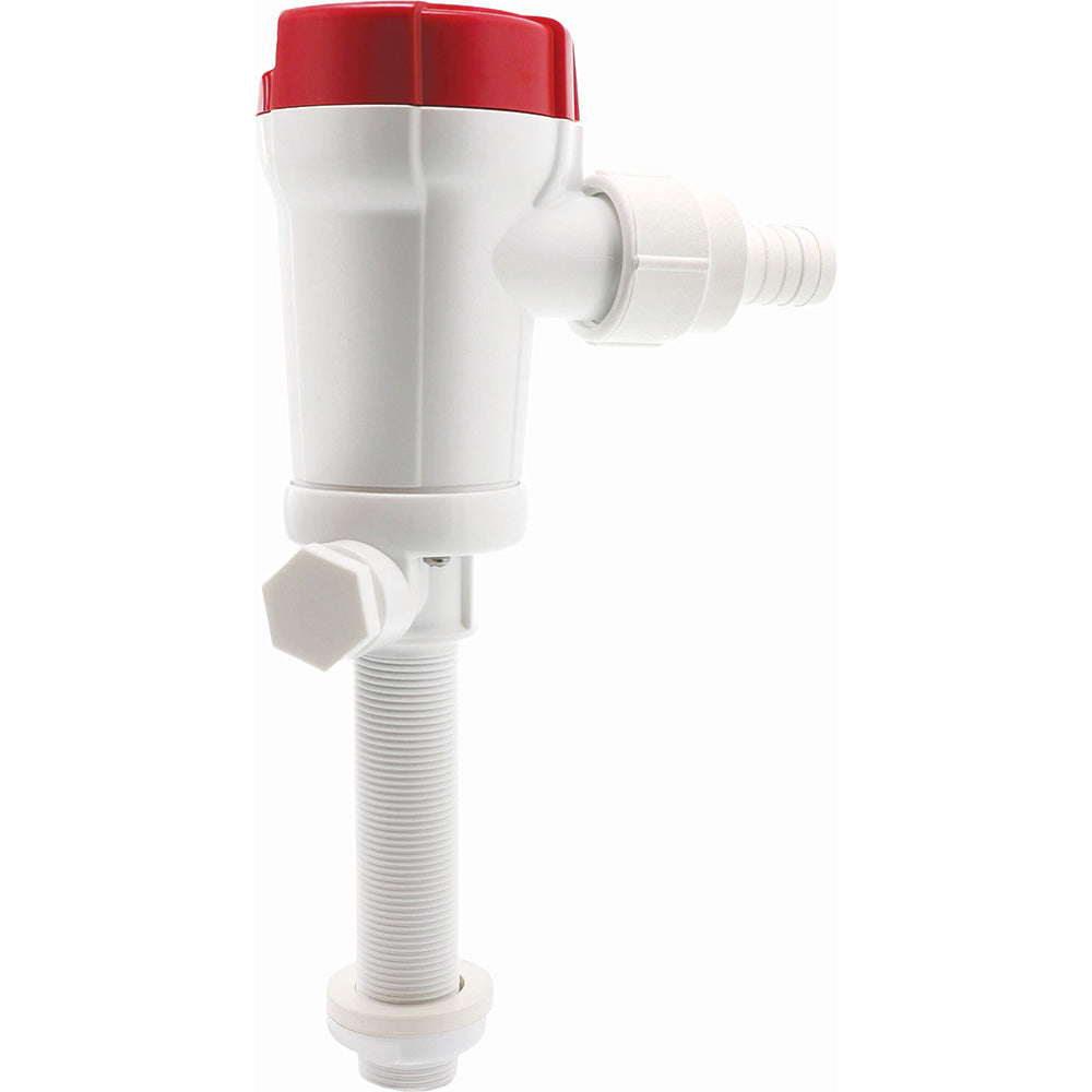 Rule 500 GPH livewell pump with straight thru-hull inlet, designed for efficient water circulation in marine livewell systems.